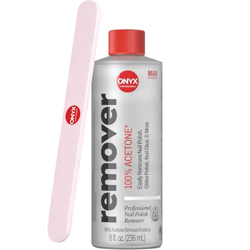 Onyx Professional 100% Pure Acetone Nail Polish Remover Kit with 7 inch Nail File, 8 fl oz - Made in USA, Maximum-Strength Gel Polish Remover, Artificial & Glitter Nail Polish