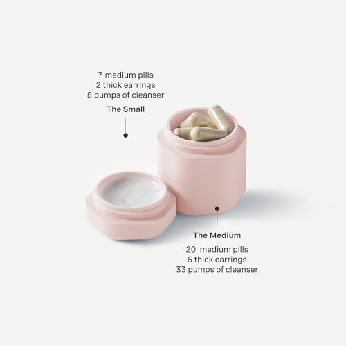 Cadence Travel Containers - 2 Piece Body Care Capsule Set - Magnetic Containers w/ Lids - Carry On Travel Essentials for Women/Men - 1 Small & 1 Medium Capsule - Body Wash & Lotion Labels - Petal