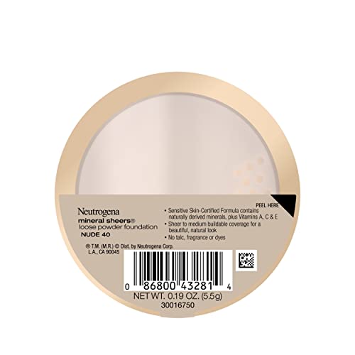 Neutrogena Mineral Sheers Lightweight Loose Powder Makeup Foundation with Vitamins A, C, & E, Sheer to Medium Buildable Coverage, Skin Tone Enhancer, Face Redness Reducer, Nude 40,.19 oz (Pack of 2)