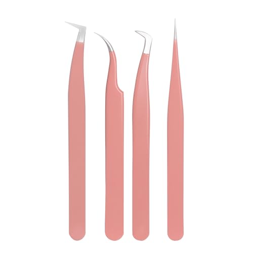 JoMay Eyelash Extension Tweezers 4Pcs Professional Kit High Precision Stainless Steel, Straight and Curved Volume Lash Tweezers Boot Volume 90 Degree, Girls Women Beginners (Pink)
