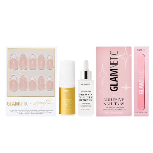 Glamnetic x GLAMZILLA Press-On Nails Bundle - GIVE 'EM GRACE | Super Strong Brush-On Glue, Press-On Nail Remover & 7-In-1 Nail Buffer | Short Almond Fake French Tip Nails with Gold Glaze | Salon Quali