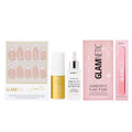 Glamnetic x GLAMZILLA Press-On Nails Bundle - GIVE 'EM GRACE | Super Strong Brush-On Glue, Press-On Nail Remover & 7-In-1 Nail Buffer | Short Almond Fake French Tip Nails with Gold Glaze | Salon Quali