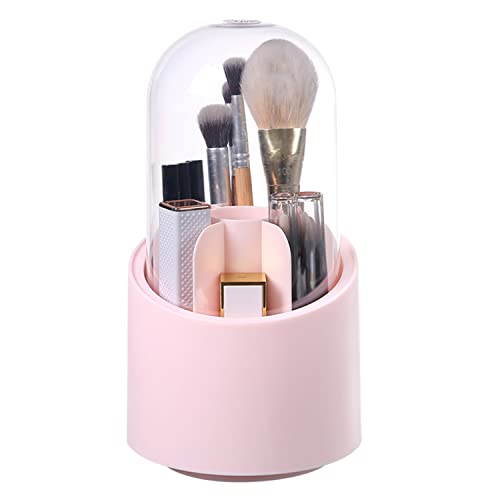 Makeup Brushes Holder Organizer with Clear Lid,360 Degree Rotating Makeup Brush Storage Container Dustfree Cosmetic Display Case Holder for Bathroom Countertop Vanity Desktop (Pink)