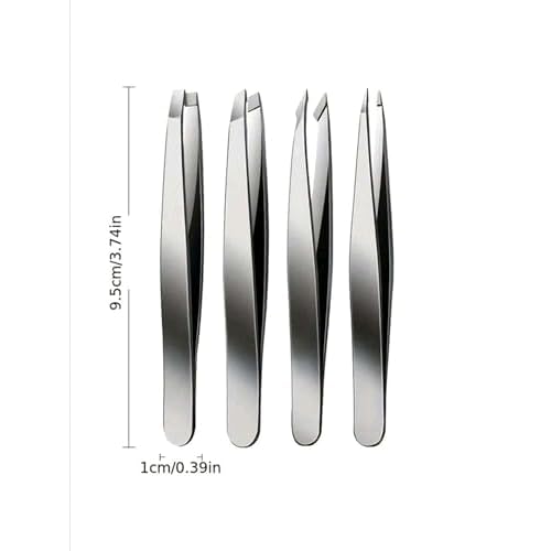 4-Piece Stainless Steel Tweezer Set - Tweezers for Eyebrows, Precision Tweezer Set for Women & Men - Ingrown Hair Tweezer, Long Lash & Eyelash Tweezers, Tweezers for Crafting (Silver)