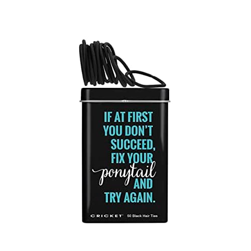 Cricket Fix Your Ponytail Tin with 50 Black Non-Metal, No-Ouch Hair Ties, Reusable Retro Metal Storage Tin, Compact Size for Travel and On-the-Go, Ideal for Home, Salon, and Barbershops