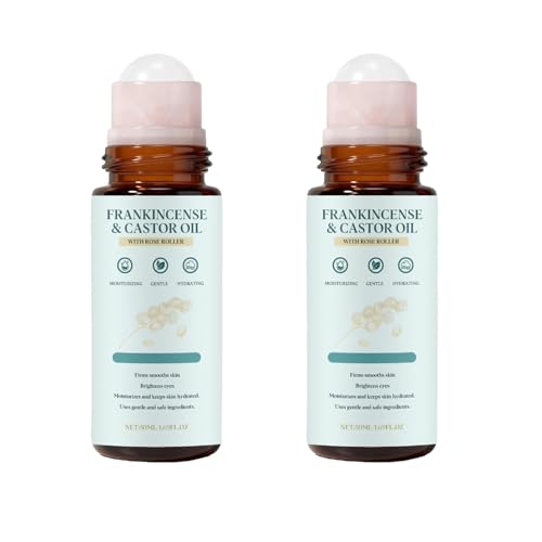 Frankincense & Castor Oil Roll-On with Rose Quartz, Organic Cold-Pressed Castor Oil for Face & Body, Portable Roller Applicator, 50ml / 1.69oz (2)