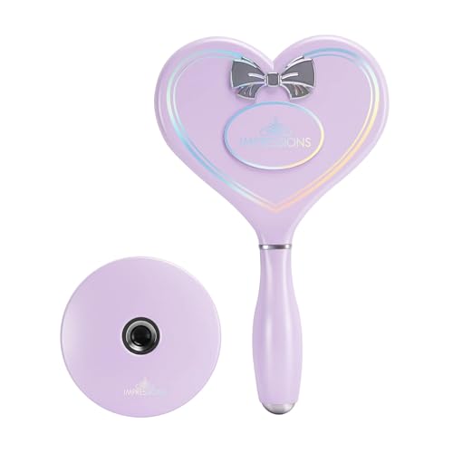 Impressions Vanity Amour LED Handheld Makeup Mirror for Desk, Lighted Travel Makeup Mirror with Detachable Magnetic Ball Standing Base, Ultra Bright Adjustable Lighting, and Heart Shaped (Lilac)