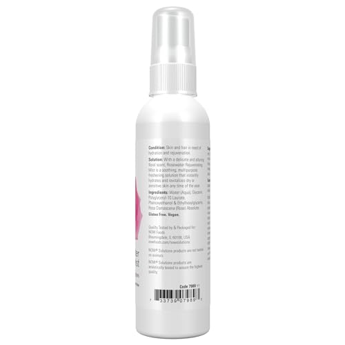 NOW Solutions Rosewater Rejuvenating Mist, Hydration and Rejuvenation Spray for All Skin and Hair Types, 4-Ounce (Pack of 2)