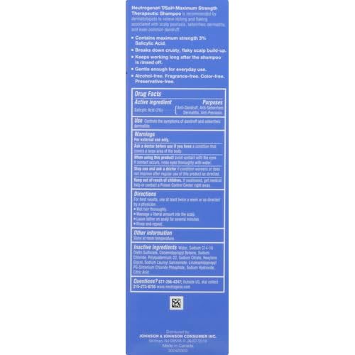 Neutrogena T/Sal Therapeutic Dandruff Shampoo, Scalp Build-Up Control, 3% Salicylic Acid,Psoriasis Treatment, Seborrheic Dermatitis Shampoo, Clears Flakes, Fragrance Free, 4.5 fl oz (Pack of 2)