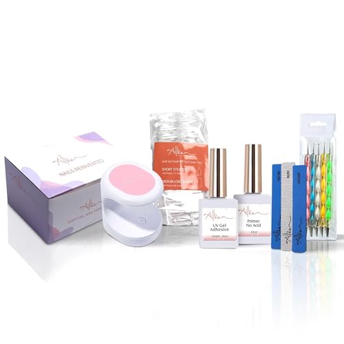 Allkem Soft Gel Full Cover Nail Tips and UV Glue Gel with Portable UV Light | 240 Pcs Short Stiletto & Medium Square Shape Soft Gel Nail Extension Set
