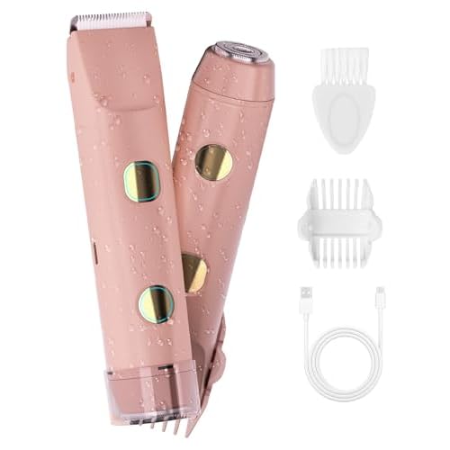 2-in-1 Bikini Trimmer for Women, IPX7 Waterproof Electric Shaver, Body Hair Trimmer & Electric Razor for Face, Lips, Pubic Area, Legs, Pink