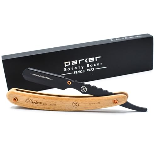 Parker SRP Pine Wood Handle Straight Edge Barber Razor ? Stainless Steel Clip?Type Straight Razor, 5 Premium Half DE Blades Included