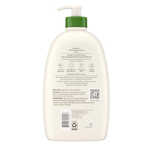 Aveeno Daily Moisturizing Body Lotion, Fragrance-Free Light & Creamy Lotion for Dry, Sensitive Skin With Prebiotic Oat Nourishes & Strengthens Skin's Moisture Barrier, Value Size, 33 fl oz