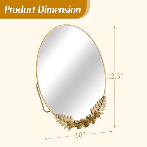 Golden Desk Oval Makeup Mirror with Blossoming Floral Accents ? Lightweight Decorative Tabletop Vanity Mirror for Living Room, Bedroom, 10.04 x 11.81 Inches