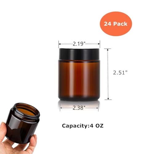 24 Pack 4oz Amber Glass Jars, Round Empty Cosmetic Jars with with Black Lids and Inner Liners, Reusable Glass Travel Containers for Homemade Creams, Candle, Skincare, Lotion