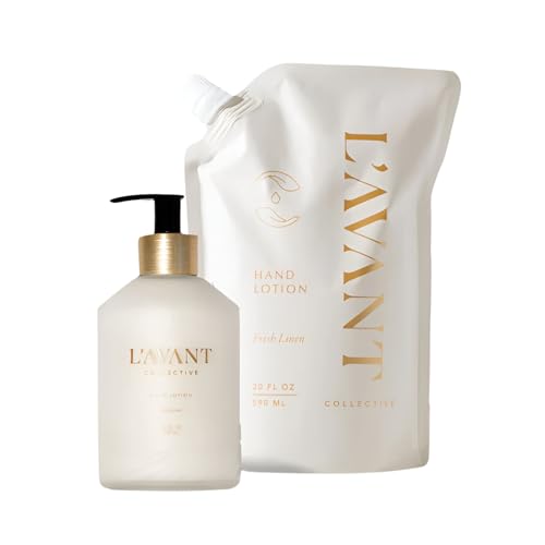 L'AVANT Collective Luxury Hand Lotion & Refill Bundle Fresh Linen | High Performing with Aloe Leaf Juice Notes of Bamboo, Ylang Ylang, Jasmine, Geranium, Sage Reusable Glass Bottle Home Decor Gifts