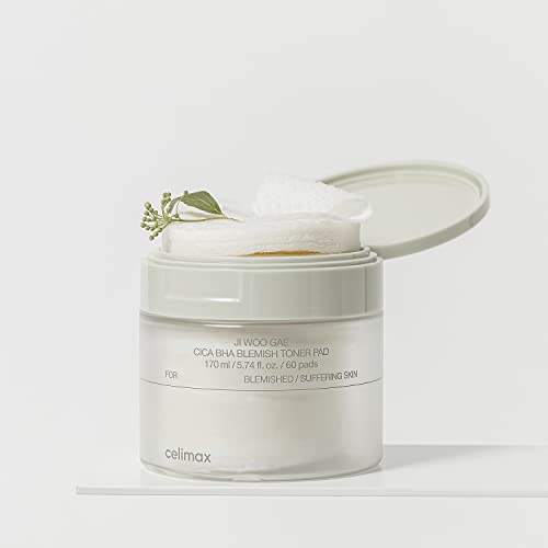 celimax Ji.Woo.Gae Cica BHA Blemish Toner Pad (60 Pads) + The Real Cica Soothing Cream 50ml Bundle