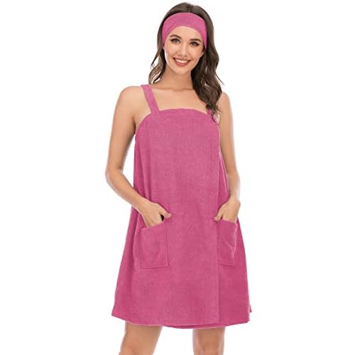 Rubehoow Robe Women's Towel Wrap Bathrobe with Adjustable Velcro Closure with Pockets & Facial Hairband