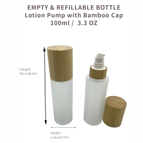 Empty Cosmetic Bottles 3.3oz/100ml 4 PACK with Bamboo Cap,Frosted Glass Lotion Pump DispenserRefillable Emulsion Cosmetic Cream Bottles, Toiletries Refill Travel Containers(Frost Clear)