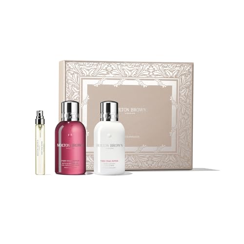 Molton Brown Fiery Pink Pepper Travel Gift Set - Eau de Parfum 0.25 fl. oz., Body Wash 3.3 fl. oz. & Body Lotion 3.3 fl. oz., Luxury Scented Body Care Beauty Gift Set