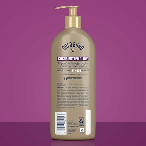 Gold Bond Cocoa Butter Glow Daily Hydrating Lotion with Cocoa Shea Butter & Coconut Oil, Exfoliating and Moisturizing Lotion for Dry Skin, 24 oz