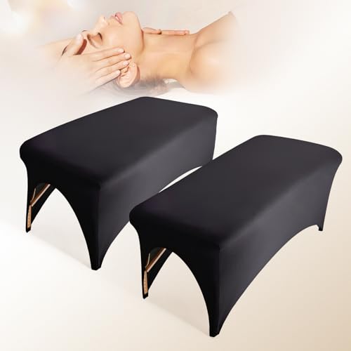 2-Piece Spa Bed Cover Professional Lash Bed Cover Stretchy Massage Table Cover Beauty Bed Protective Topper, Excellent for Lash Extension, Spa, Massage, Beauty Salon, Wax, Tattoo (Black)