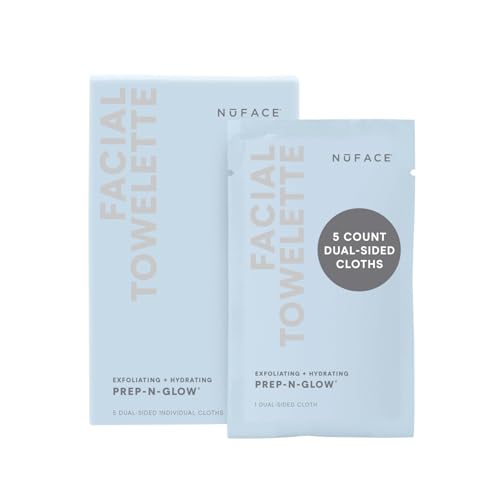 NuFACE Prep-N-Glow Facial Towelettes - 2-in-1 Exfoliating + Cleansing Makeup Remover Wipes, Hyaluronic Acid Travel Face Wipes to Hydrate & Brighten for Glowing Skin - 5 Individually Wrapped Cloths