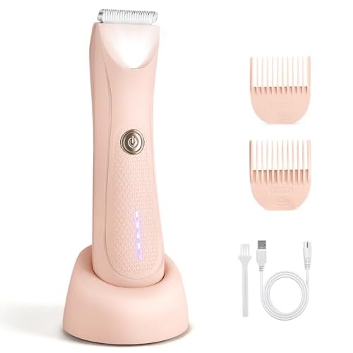 Riokko Bikini Trimmer for Women with LED Light and IPX7 Waterproof Dual Charging, Skin-Safe Cordless Pubic Hair Shaver with Battery Indicator