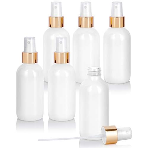 JUVITUS 4 oz / 120 ml High Shine Gloss White Glass Boston Round Bottle with Gold Fine Mist Spray (6 Pack)