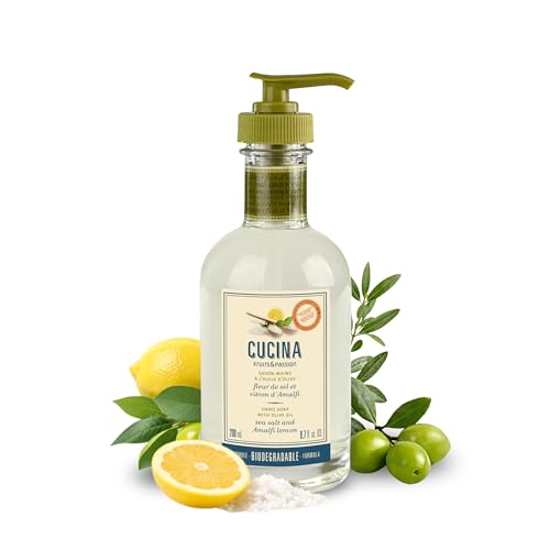 Fruits & Passion Cucina Kitchen Hand Soap, Sea Salt & Amalfi Lemon, Natural Soap with Cold-Pressed Olive Oil, Vegan Moisturizing Formula in Refillable Glass Hand Soap Dispenser, 6.76 fl oz