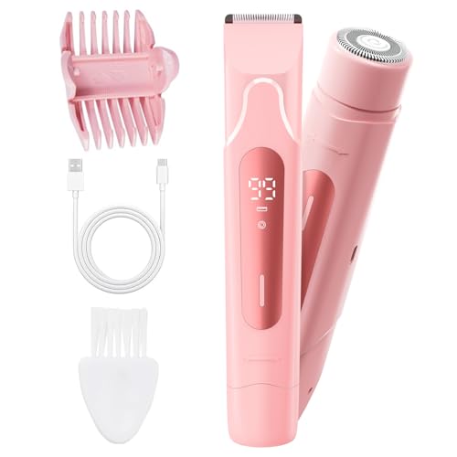 2026 Upgrade Bikini Trimmer for Women, 2 in 1 Electric Shaver with LED Display, IPX7 Waterproof Pubic Hair Trimmer, Rechageable Womens Electric Razor for Armpit Leg Body Facial (Pink)