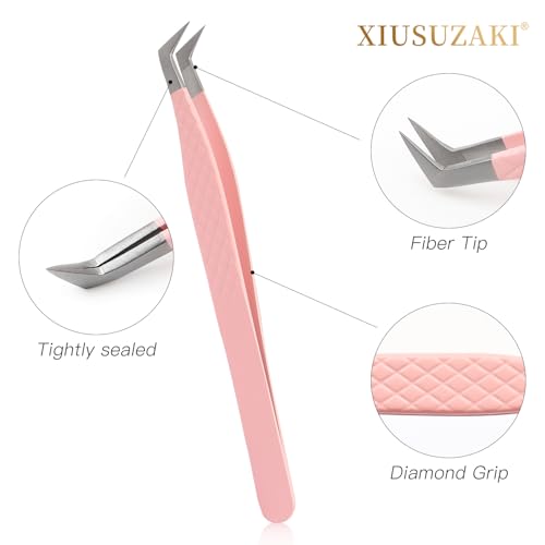 Lash Tweezers For Eyelash Extensions Fiber Tip Lash Tweezers Pink Straight/Curved Tweezer(Pink,X06)