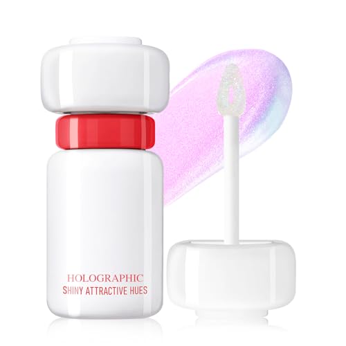 Holographic Chameleon Pink Purple Glitter Lip Gloss, Moisturizing Diamond Shimmer Liquid Lipstick, Long Wear Sparkle Smooth Lip Glaze for Women, High Shine Iridescent Lip Color for Glassy Lip