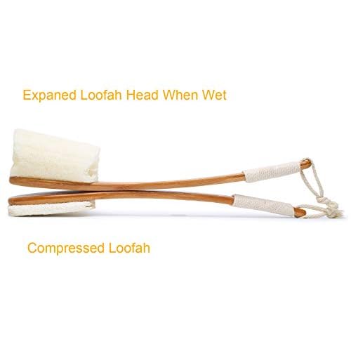 Leotruny 100% Natural Exfoliating Loofah with Long Wooden Handle Shower Back Brush (Off-White (2 Pack))