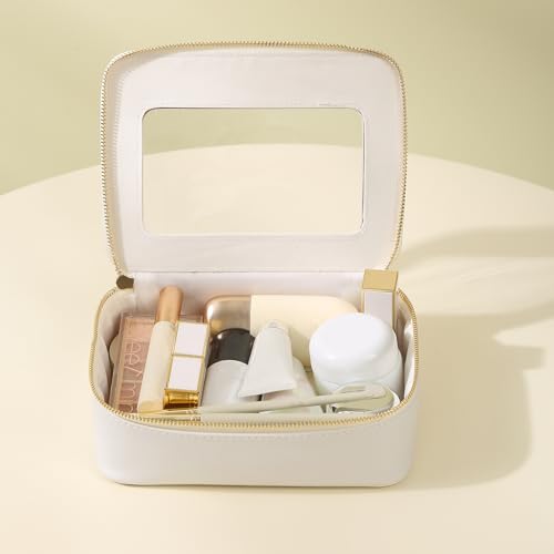 Meiyuuo Clear Makeup Bag Cosmetic Organizer Case with Handle Large Travel Toiletry Bag Zipper Skincare Pouch for Purse Essentials Waterproof Car Bag for Women Off White