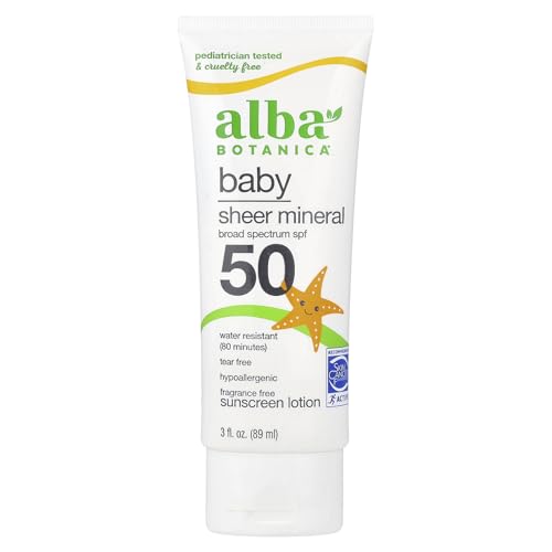 Alba Botanica Baby Sunscreen for Face and Body, Sheer Mineral Sunscreen Lotion, Broad Spectrum SPF 50, Water Resistant and Fragrance-Free, 3 Fl Oz (Packaging May Vary)