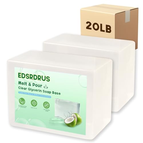 EDSRDRUS 20lb Unscented Melt and Pour Soap Base, Fragrance-Free Bulk Glycerin Soap Making Supplies for Professionals ? Upgraded Smooth Formula, Silky Melt & Fine Foam (Transparent, 20 Pound)