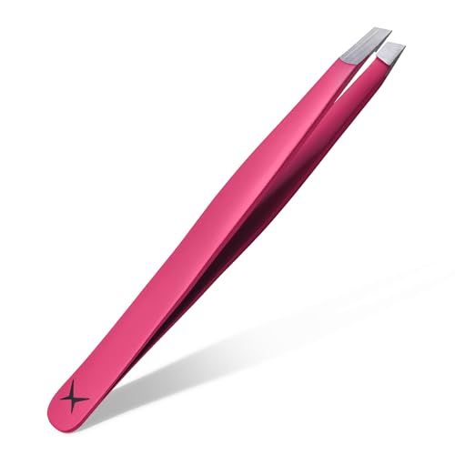 Slanted Stainless Steel Tweezers for Men & Women - Precision Eyebrow Tweezers for Facial Hairs, Strong Grip, Fine Tip, Professional Tweezer for Plucking & Grooming (Neon Pink)