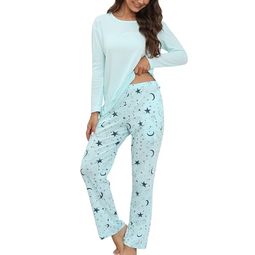 PNAEONG Women's Cotton Long-Sleeve Tops and Full-Length Pajama Set Two-Piece Pjs with Pockets SY008