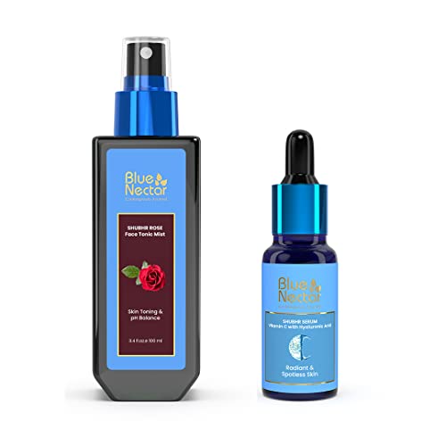 Blue Nectar Shubhr Steam Rose Toner Water & Face Mist (3.4 fl Oz) and Vitamin C Face Serum with Natural Hyaluronic Acid Serum (1 Fl Oz)