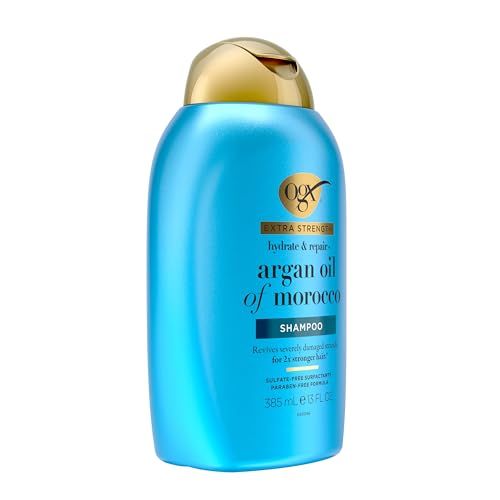 OGX Extra Strength Hydrate & Repair + Argan Oil of Morocco Shampoo for Dry, Damaged Hair, Cold-Pressed Argan Oil to Moisturize & Smooth, Paraben-Free, Sulfate-Free Surfactants, 13 Fl Oz