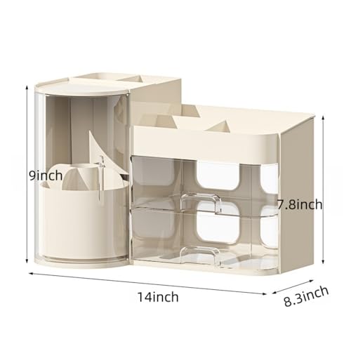 Makeup Organizer with Rotating Brush Holder Cosmetic Organizer with Drawers Countertop Skincare Organizer for Vanity,Cosmetic Display Case Storage (Cream, Large)