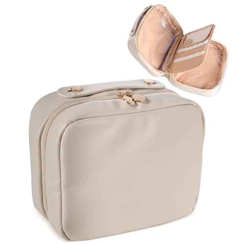Abiudeng Makeup Bag Travel Wide-open Make Up Bag with Brush Compartments Large Portable Cosmetic Bag Pouch with Handle PU Leather Water-Resistant Makeup Organiser Bag for Women-white