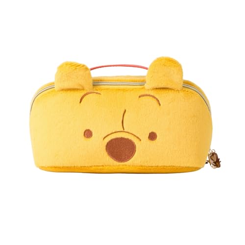 Impressions Vanity Winnie The Pooh Unfold Travel Makeup Bag with Embroidered Face Details, Middle Zipper Divider and Lined Interior, Gold Hardware Makeup Organizer, Travel Bag with Leather Top Handle