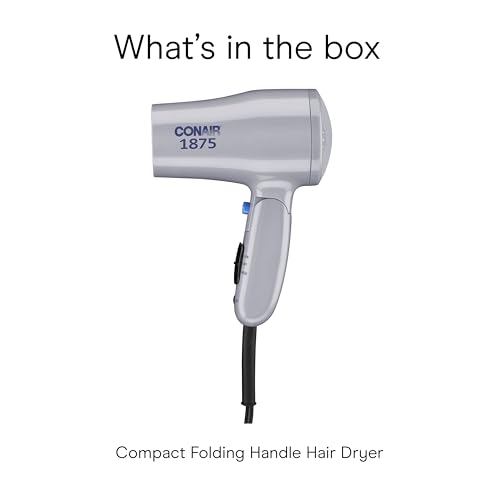 Conair Compact Hair Dryer with Folding Handle, 1875W Travel Blow Dryer with Diffuser and Concentrator Attachments, 2 Heat & 2 Speed Settings, Dual Voltage, Grey
