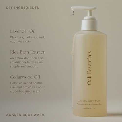 Oak Essentials Awaken Body Wash | Hydrating Shower Gel with Lavender Oil, Cedarwood Oil & Rice Bran Extract, 1.7 Fl Oz