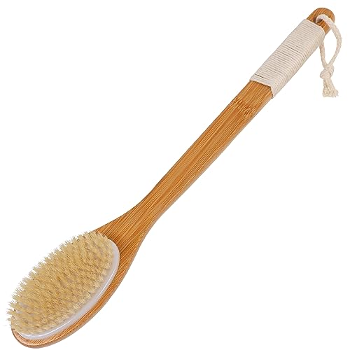OWIIZI Bath Brush Bamboo Curved Long Handle Antiskid Body Brush for Exfoliating, Natural Bristles Shower Scrubber for Back Use Wet or Dry,Back Scrub Deep Cleanse-17.9inches