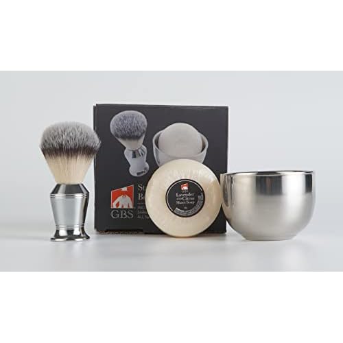 G.B.S Men's Wet Shaving Gift Set, Stainless Handle Shaving Brush, Stainless Shave Soap Bowl and Natural Shaving Soap, 3 Pieces Grooming Kit for Men