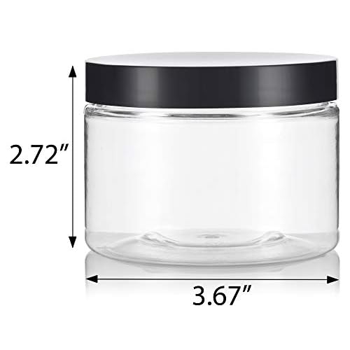 12 oz Clear PET Plastic Refillable Low Profile Jar with Black Smooth Lids (6 pack)