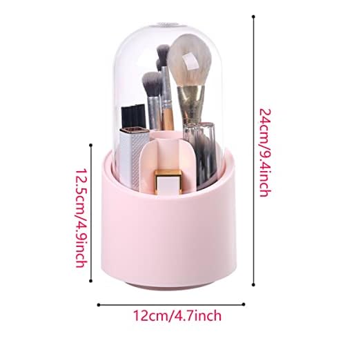 Makeup Brushes Holder Organizer with Clear Lid,360 Degree Rotating Makeup Brush Storage Container Dustfree Cosmetic Display Case Holder for Bathroom Countertop Vanity Desktop (Pink)